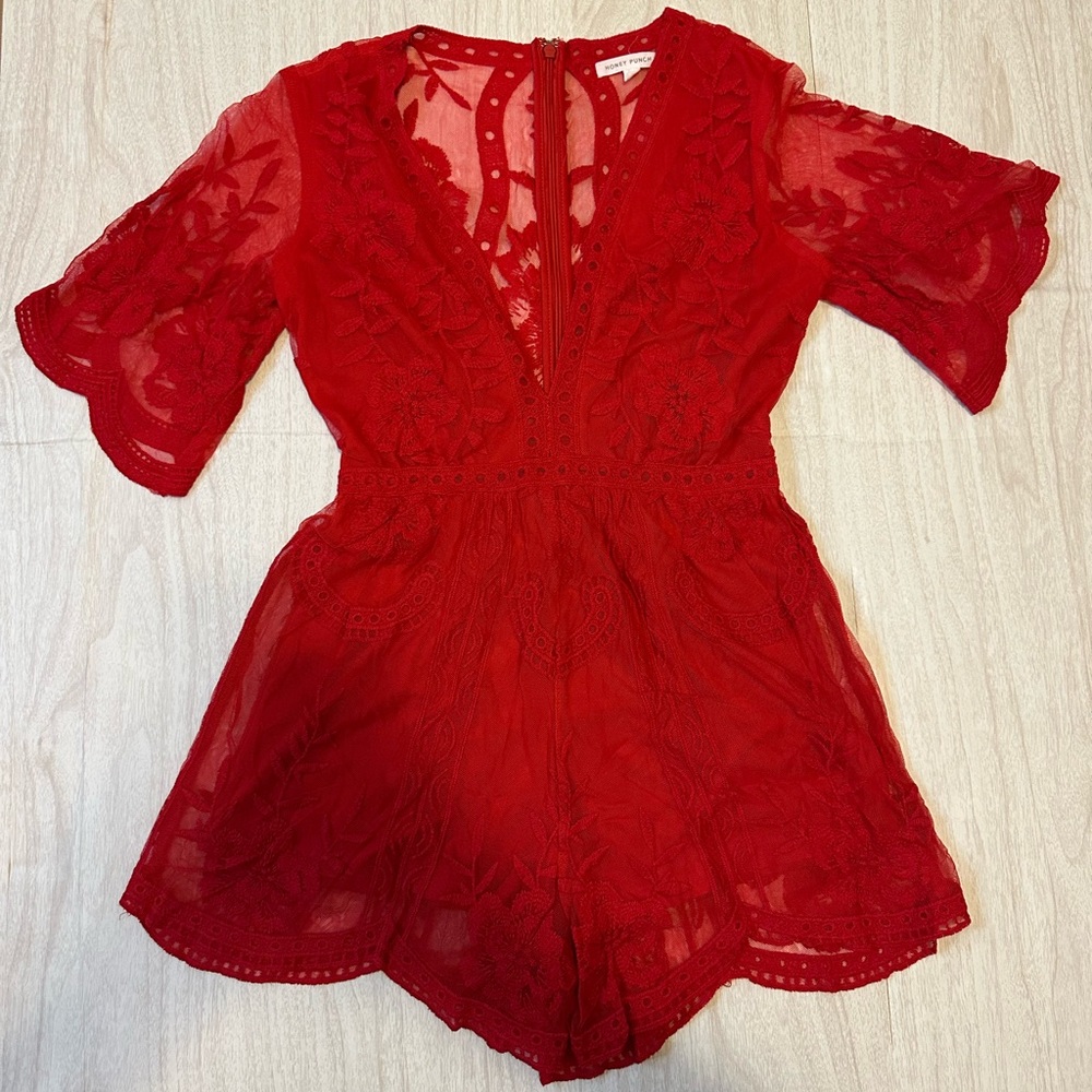 Honey Punch Flirty and Fun Vibrant Red Lace Romper